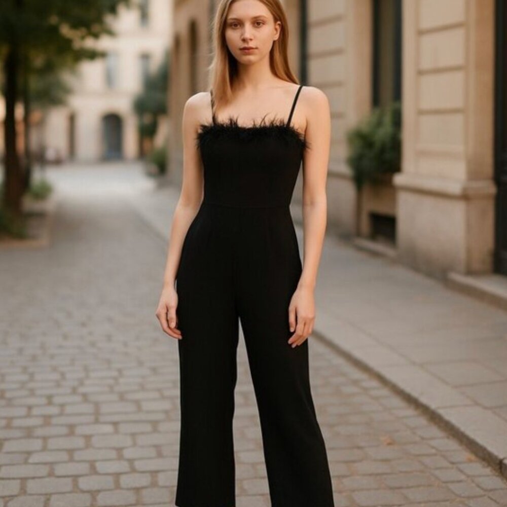 Nicole Miller Black Ostrich Feather Festive Jumpsuit NWT